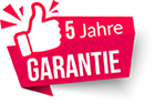 Grafik mit Daumen-hoch-Symbol und rotem Banner: 5 Jahre Garantie